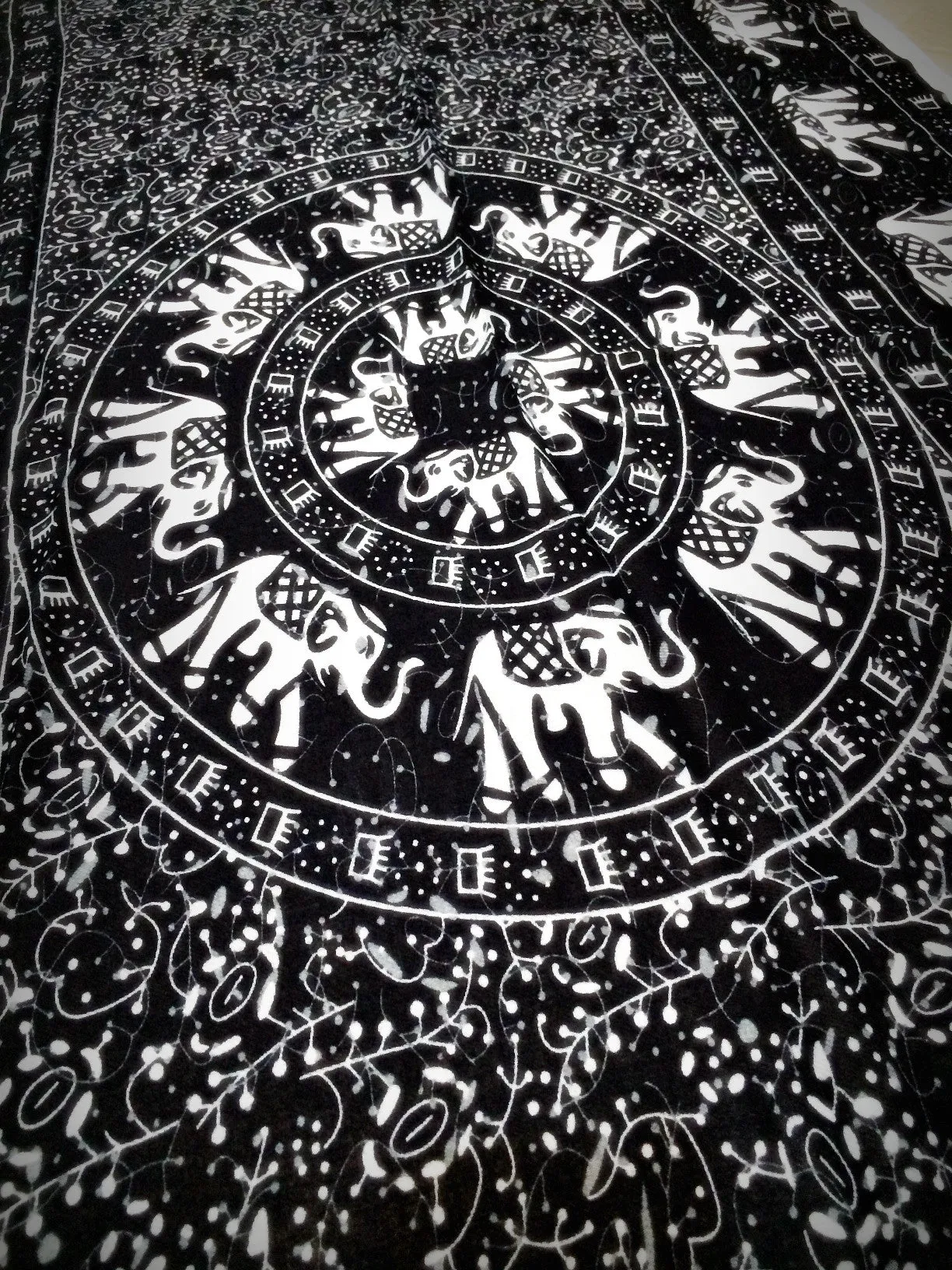 100% Organic Cotton Scarf Shawl From Thailand Elephant Mandala Black