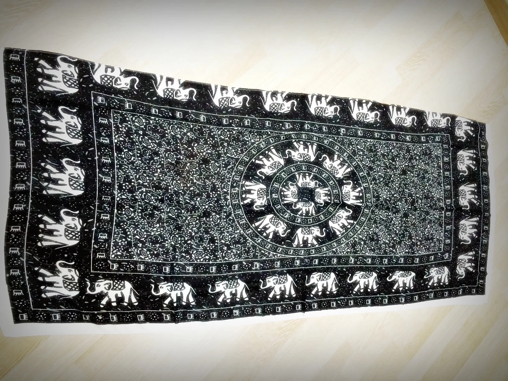 100% Organic Cotton Scarf Shawl From Thailand Elephant Mandala Black