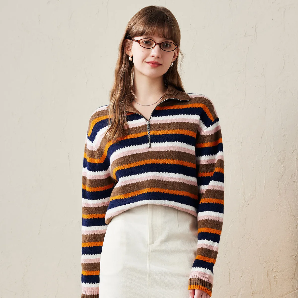 100% Wool Striped Cozy Knit Half-Zip Sweater