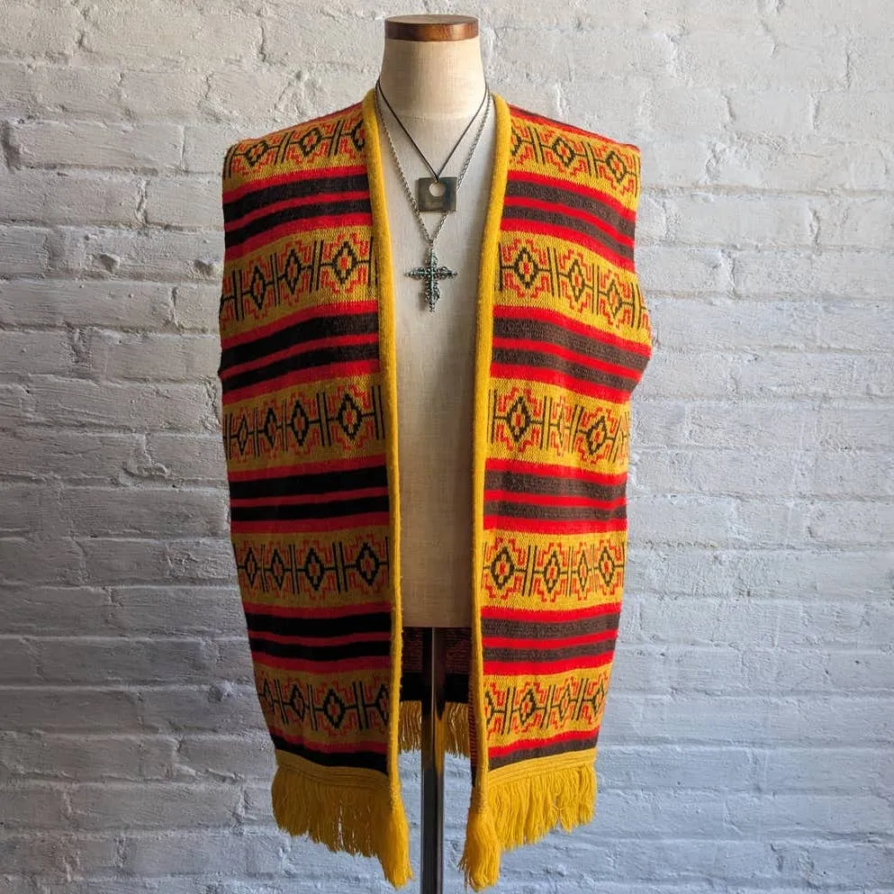 70s Vintage Woven Southwest Blanket Poncho Handmade Hippie Fringe Trippy Vest