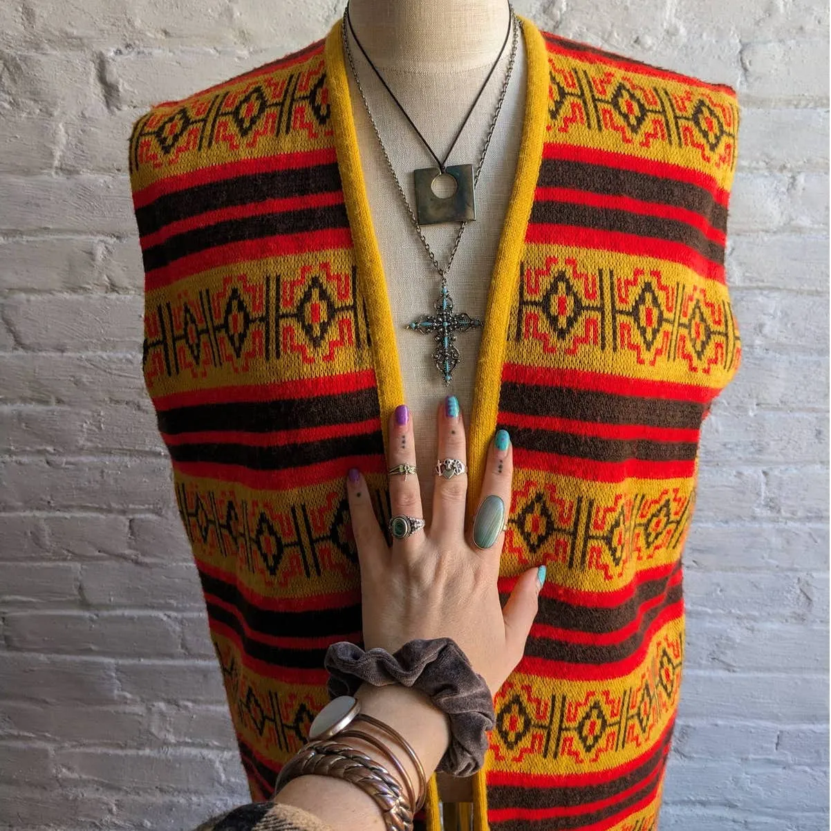 70s Vintage Woven Southwest Blanket Poncho Handmade Hippie Fringe Trippy Vest