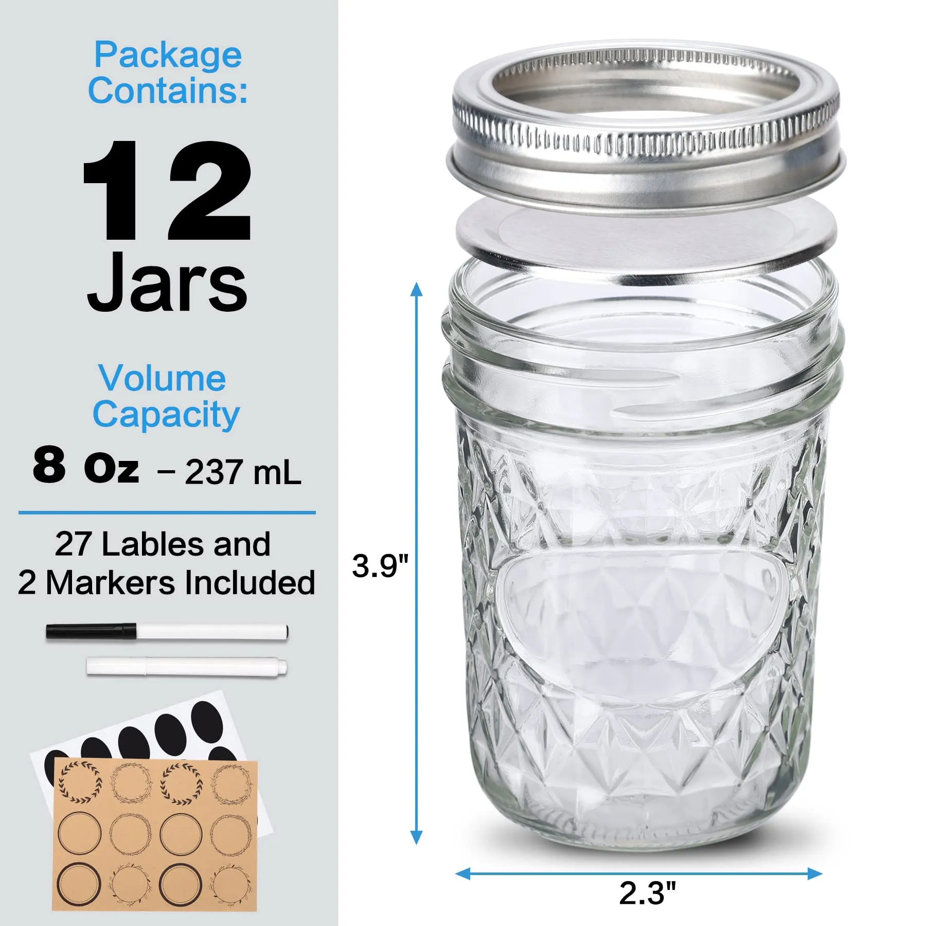 8 oz Regular-Mouth Glass Mason Canning Jars with Airtight Lids - 12 Pack