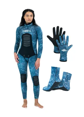 Adreno Womens Ascension 3.5mm Two Piece Wetsuit, Diving Gloves, Diving Socks - Combo