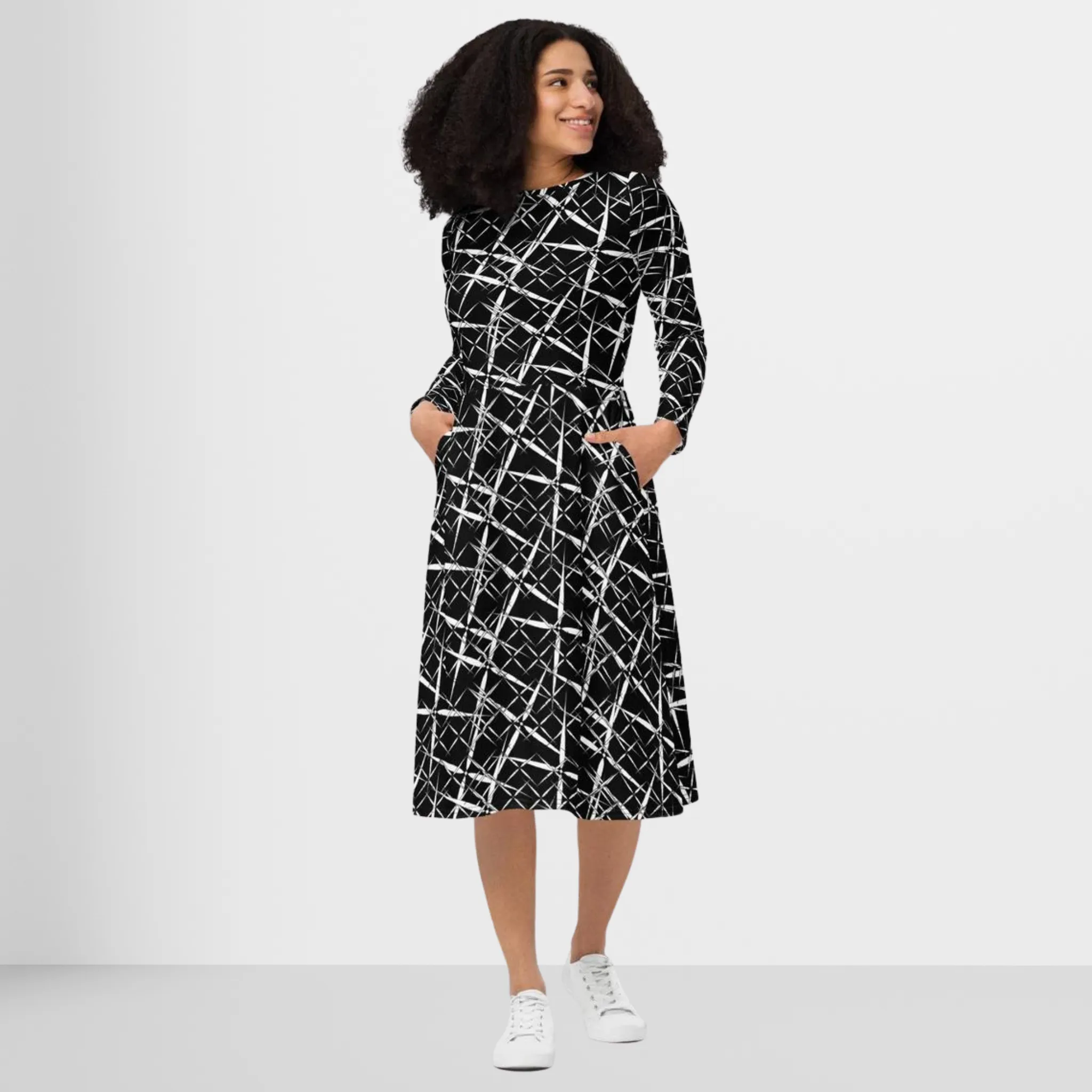 All-Over Print Midi Dress for Professional Women, Long Sleeve Midi Dress, Women's Formal Birthday Party Dress