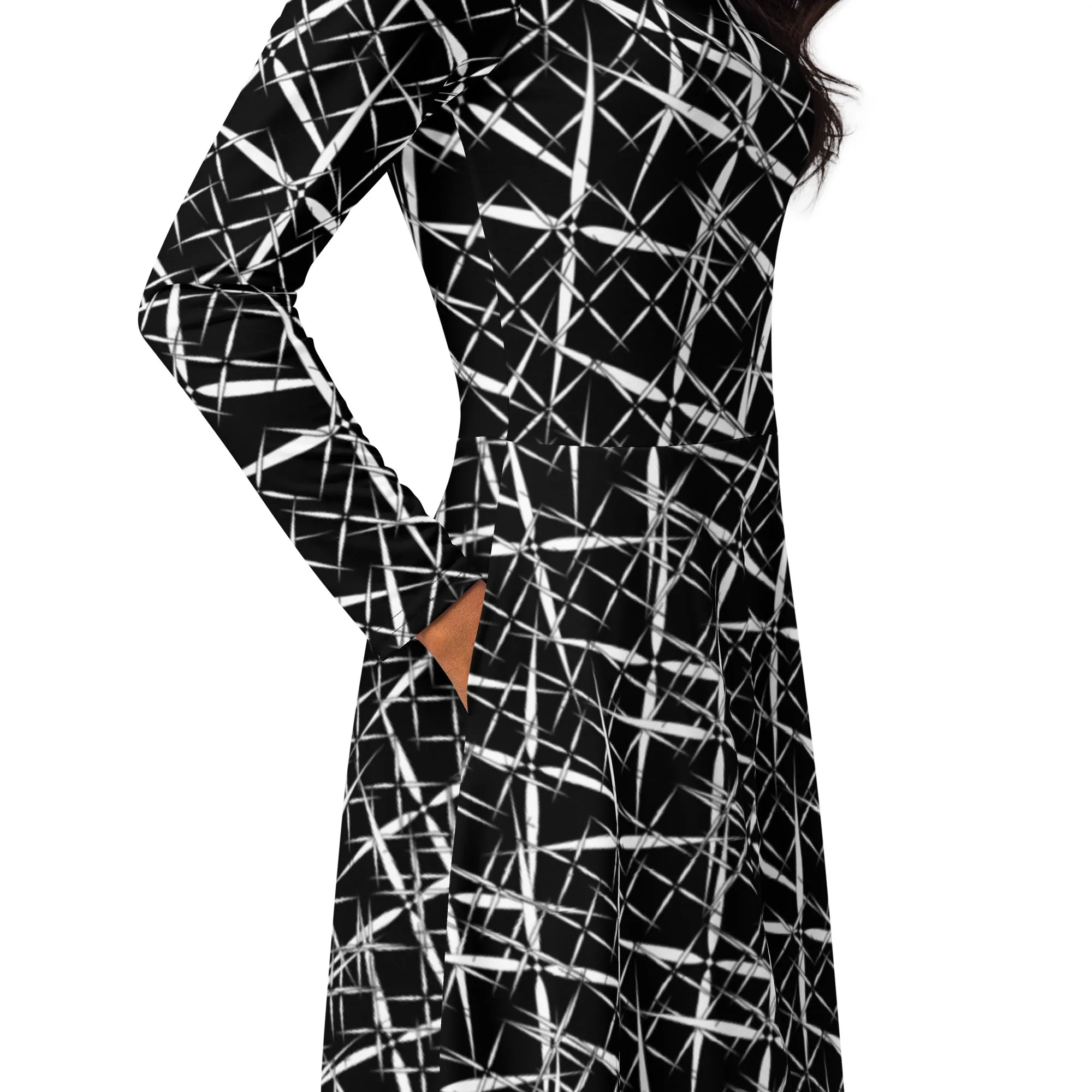 All-Over Print Midi Dress for Professional Women, Long Sleeve Midi Dress, Women's Formal Birthday Party Dress