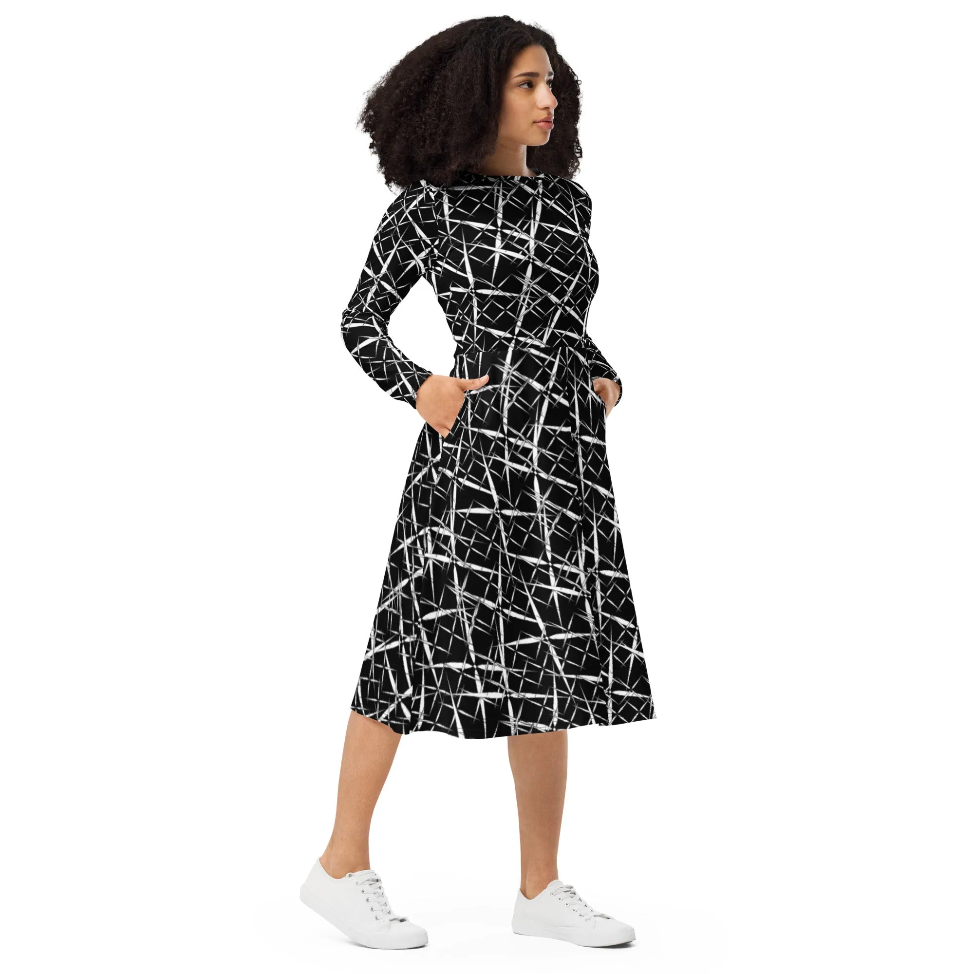 All-Over Print Midi Dress for Professional Women, Long Sleeve Midi Dress, Women's Formal Birthday Party Dress