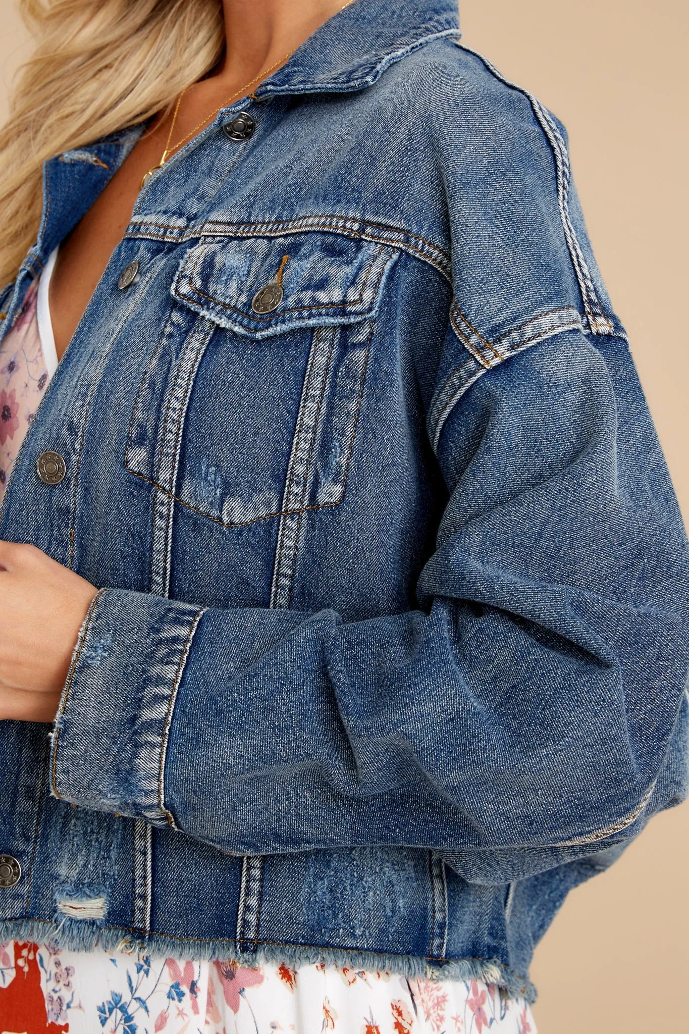 All The Buzz Distressed Dark Wash Denim Jacket