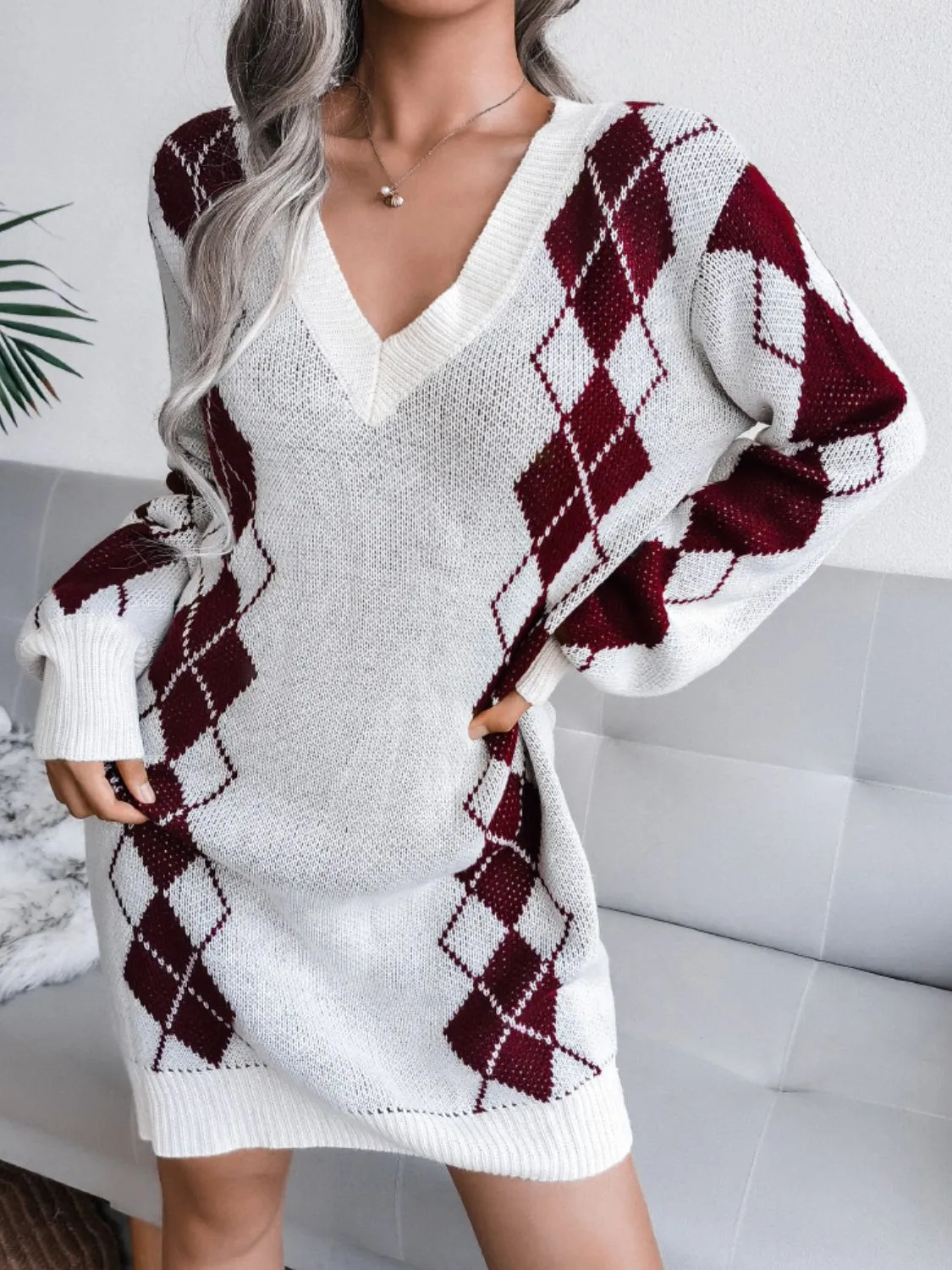 Argyle V-Neck Ribbed Trim Sweater Dress