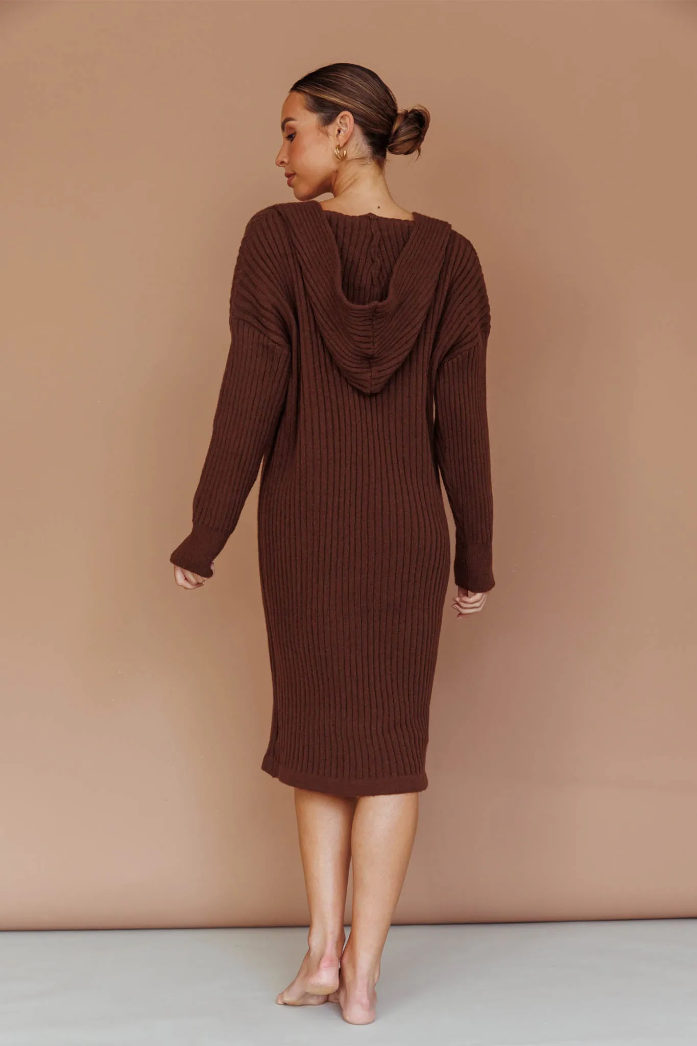 Autumn Hooded Sweater Midi Dress Chocolate