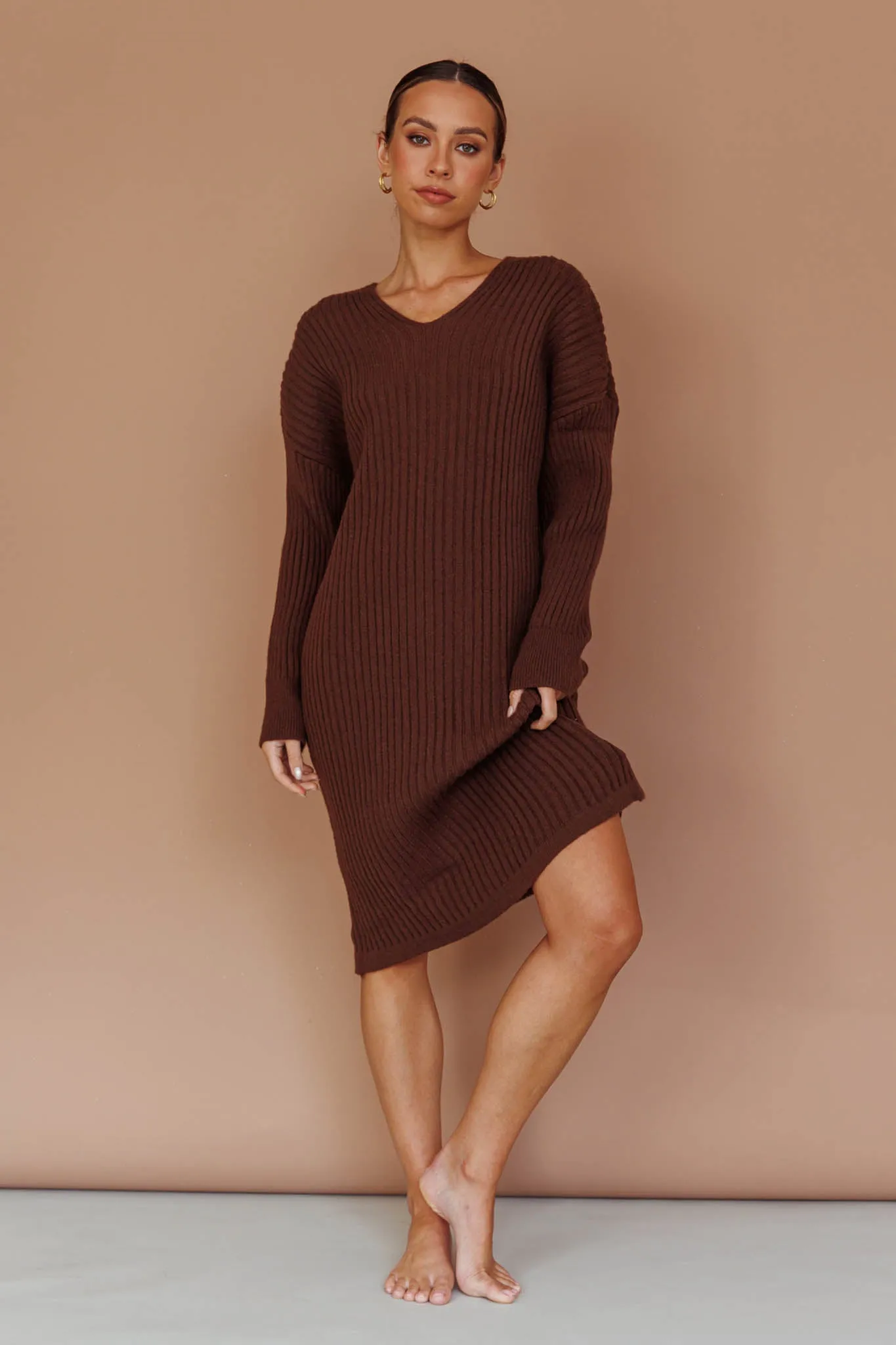 Autumn Hooded Sweater Midi Dress Chocolate