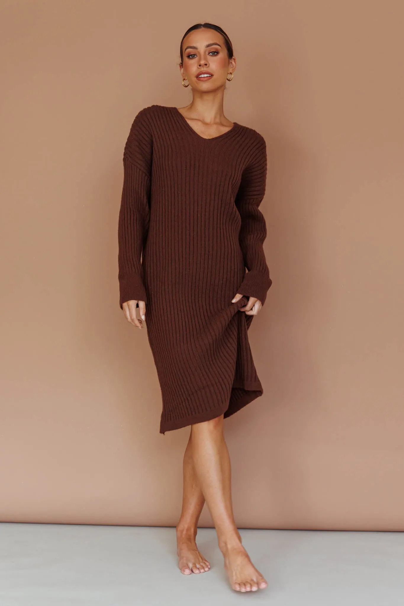 Autumn Hooded Sweater Midi Dress Chocolate