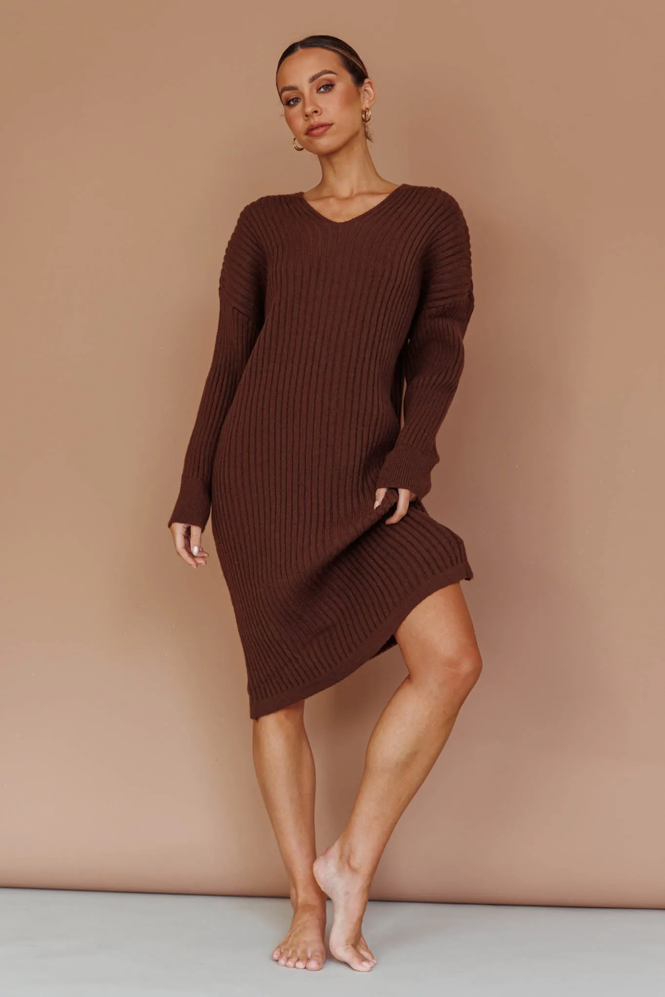 Autumn Hooded Sweater Midi Dress Chocolate