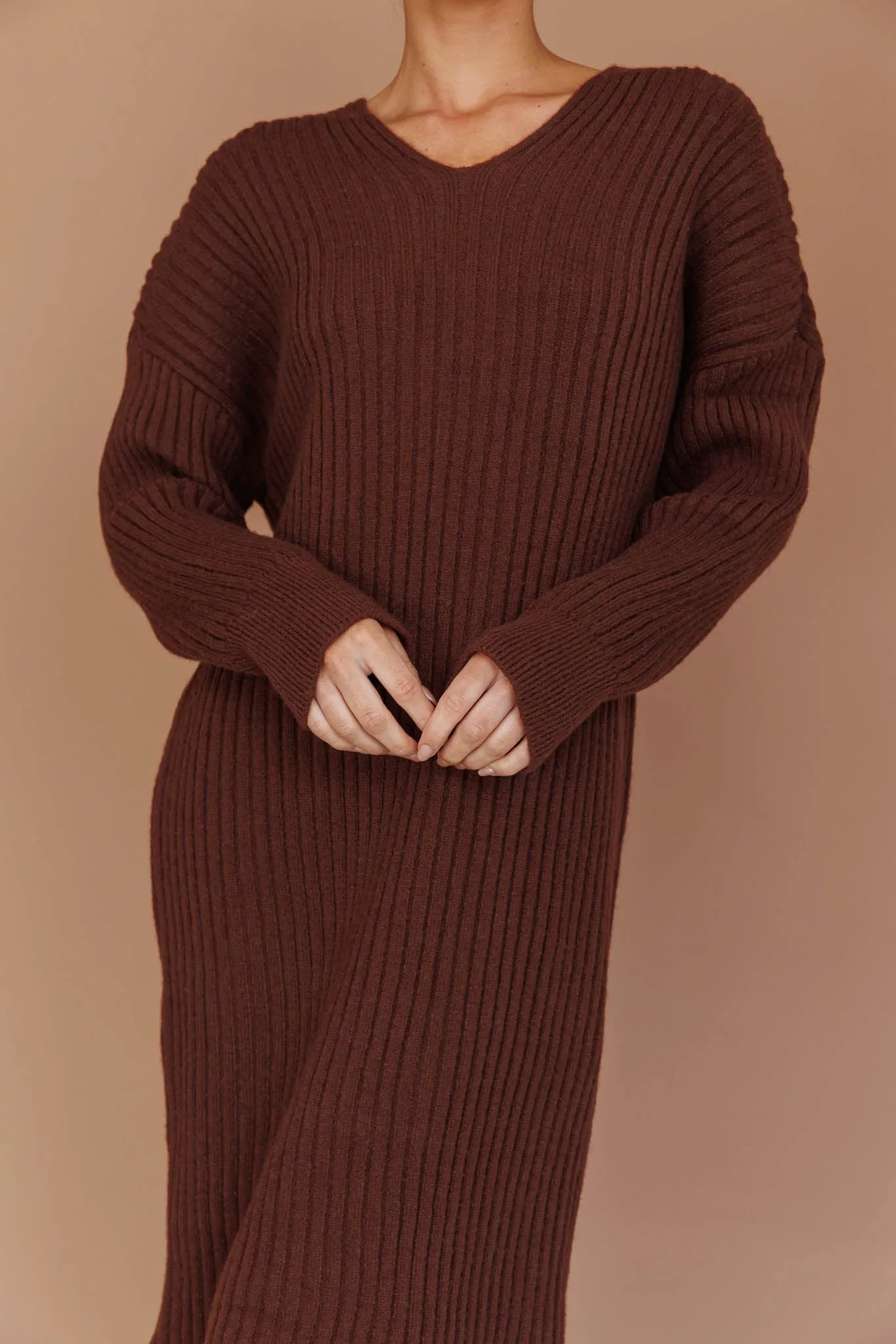 Autumn Hooded Sweater Midi Dress Chocolate