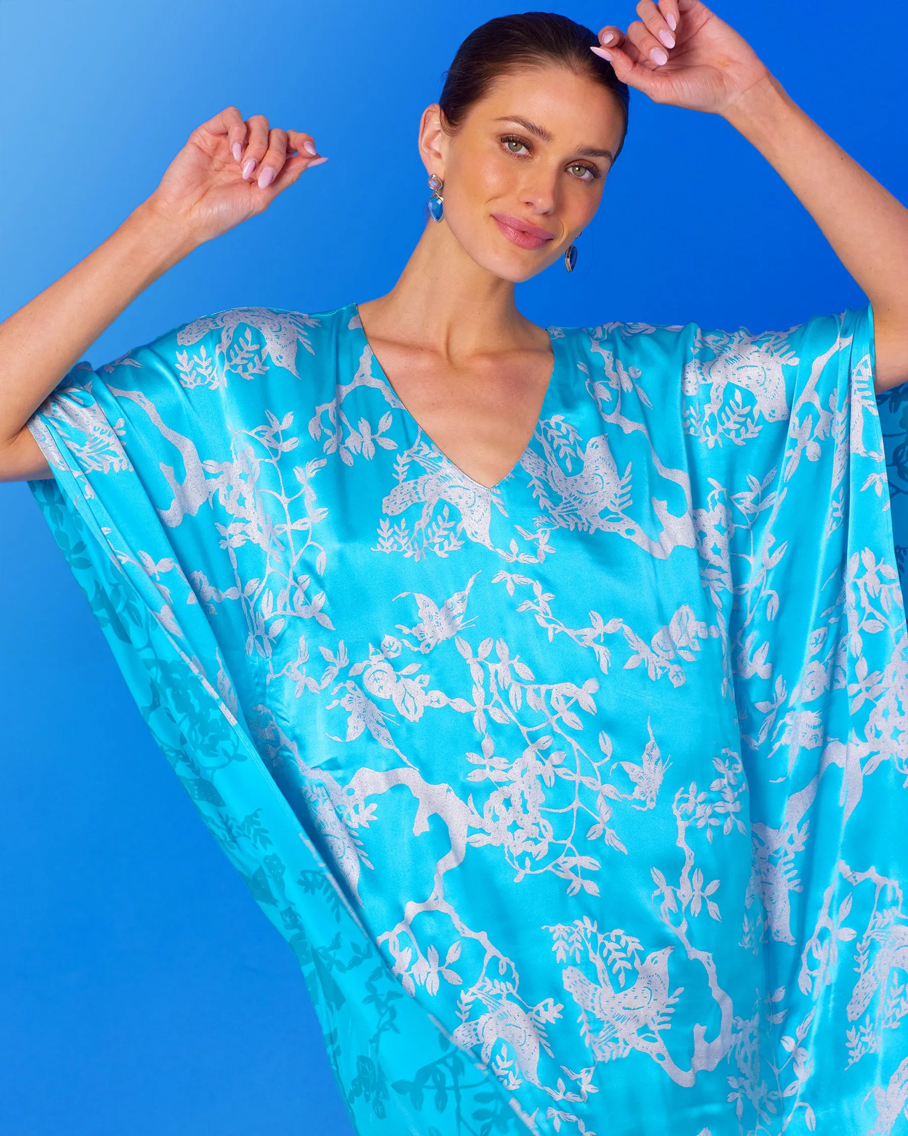 Ava Silk Kaftan in Turquoise and Silver Motif