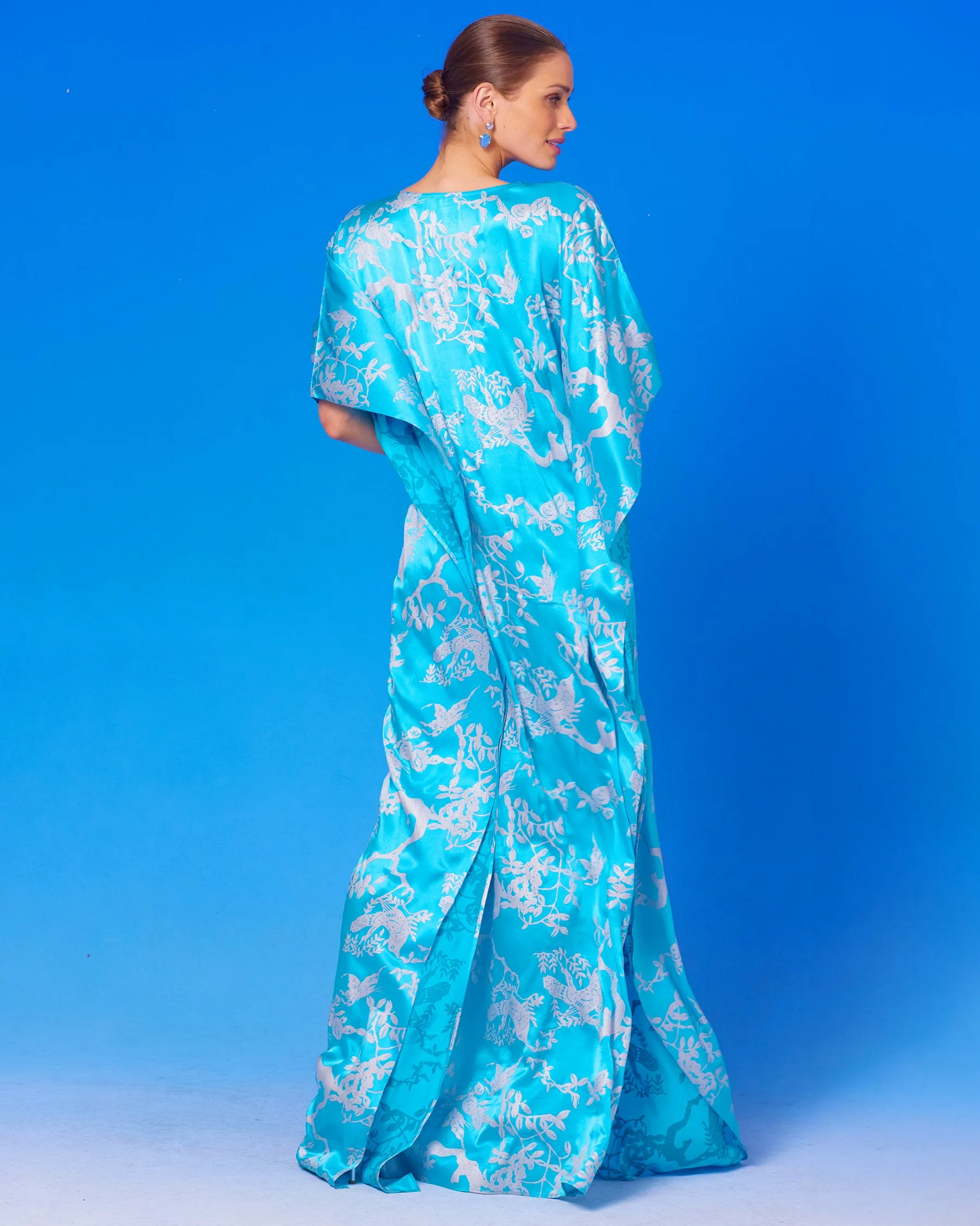 Ava Silk Kaftan in Turquoise and Silver Motif