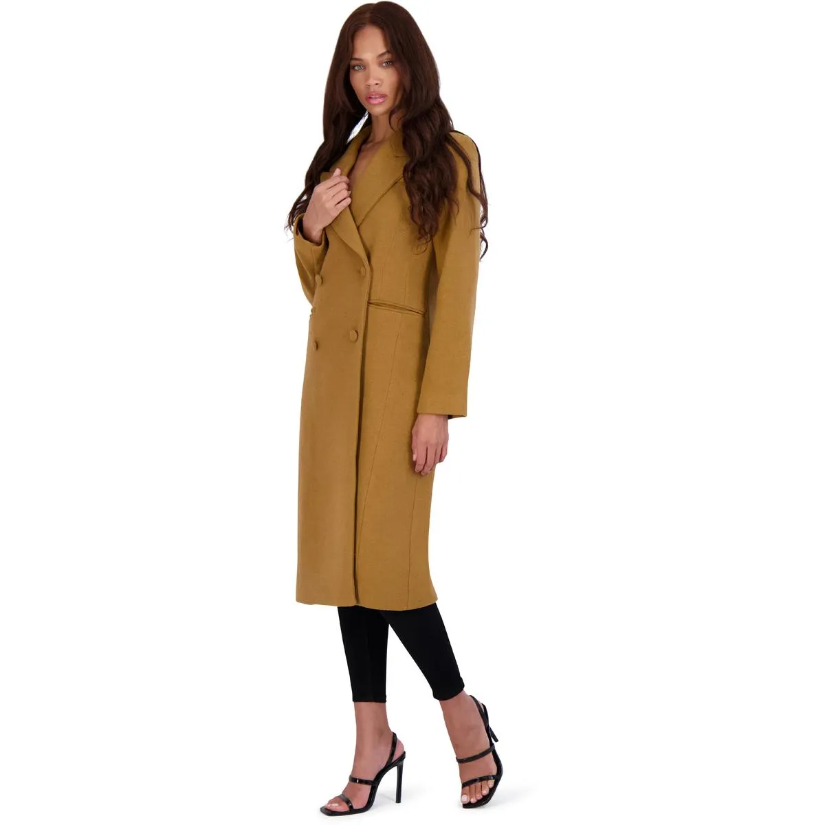 Avec Les Filles Women’s Double Breasted Tailored Wool Blend Coat with Peak Lapel