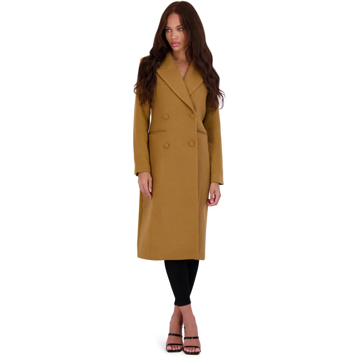 Avec Les Filles Women’s Double Breasted Tailored Wool Blend Coat with Peak Lapel