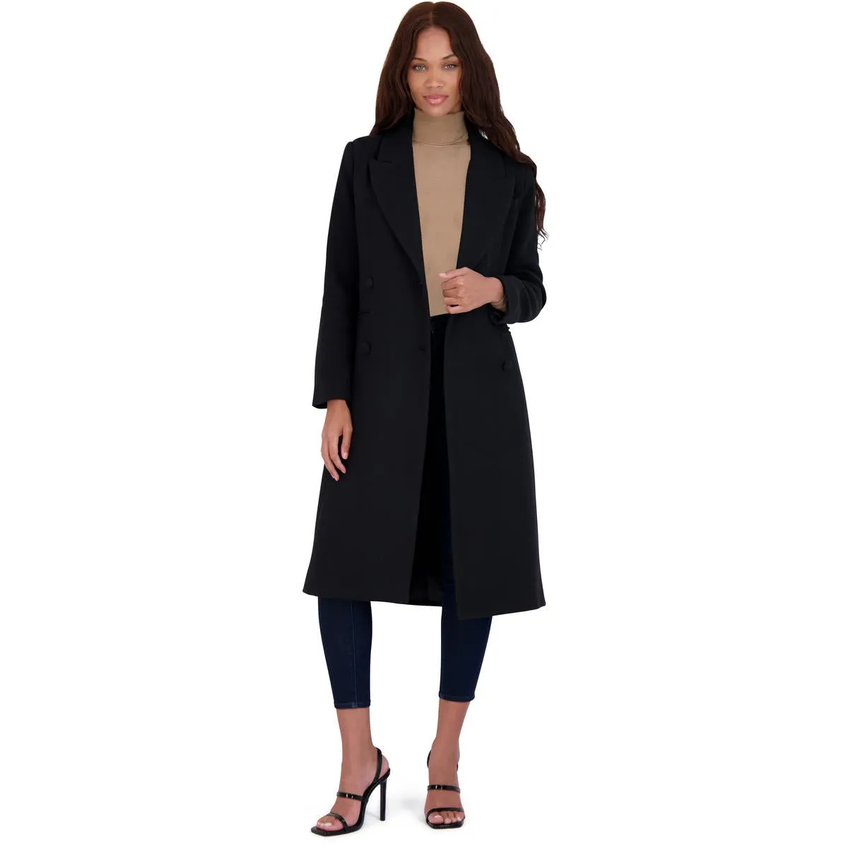 Avec Les Filles Women’s Double Breasted Tailored Wool Blend Coat with Peak Lapel