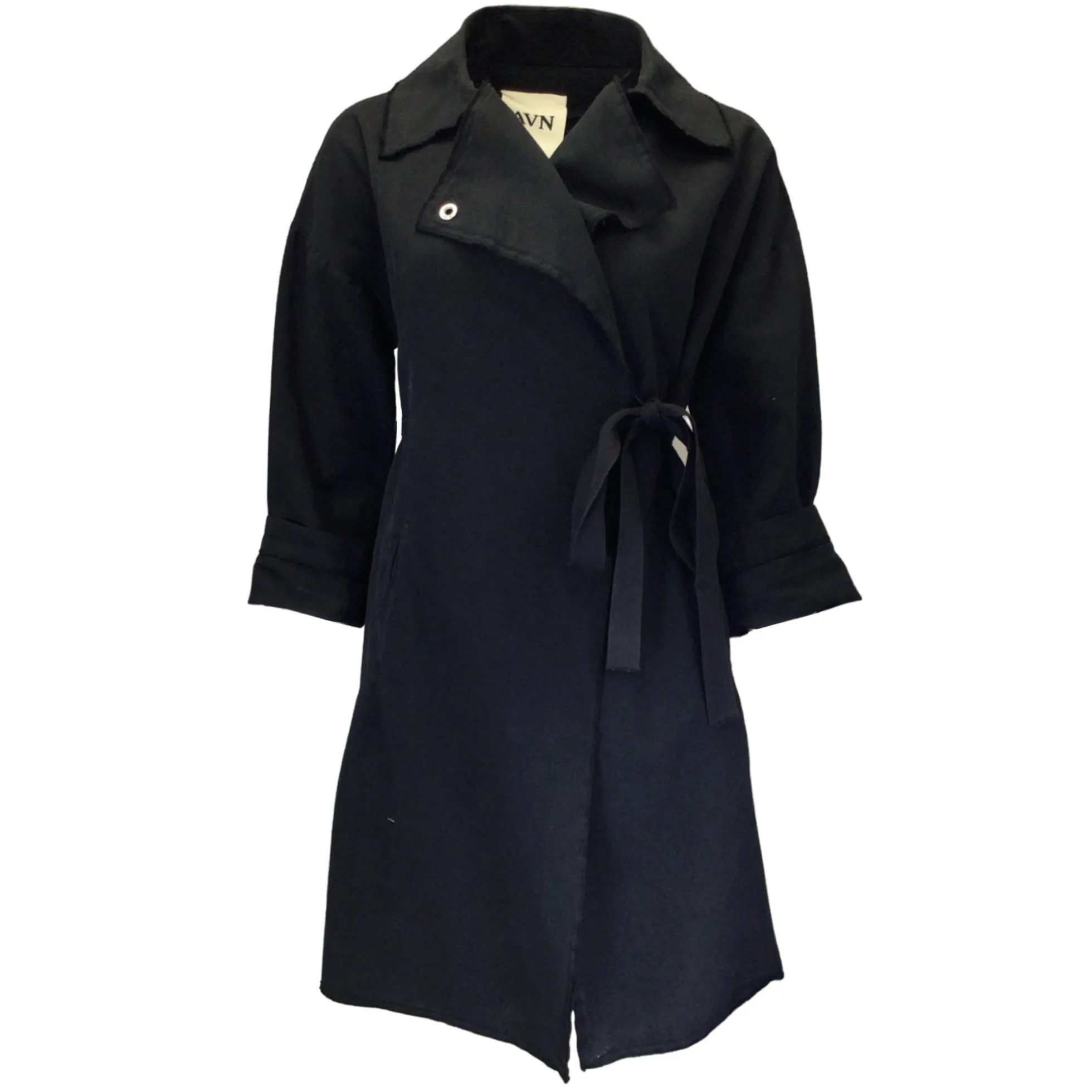 AVN Black Ribbon Belt Wrap Trench Coat