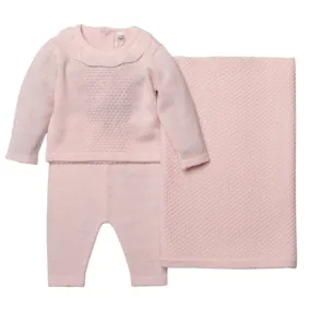 Baby Pink Knitted 3 Piece Outfit and Shawl Set