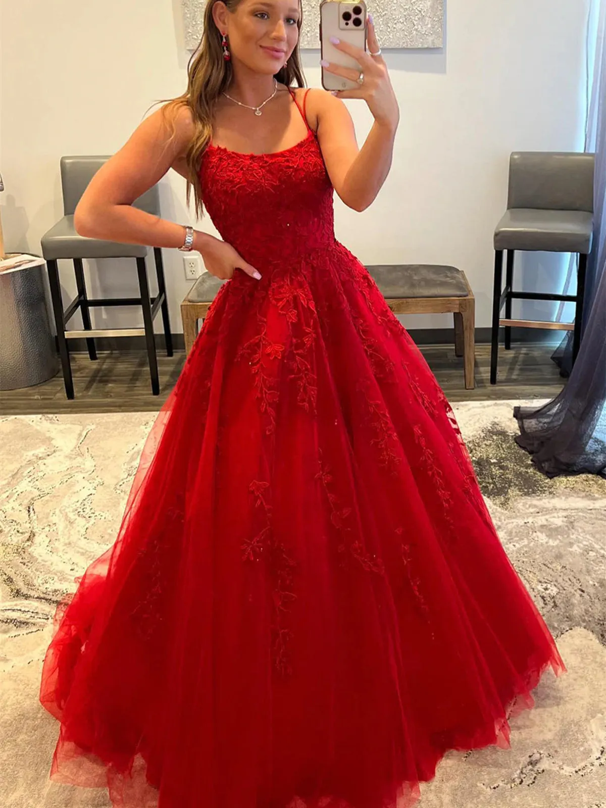 Backless Red Tulle Lace Long Prom Dresses, Red Lace Formal Evening Dresses, Red Ball Gown