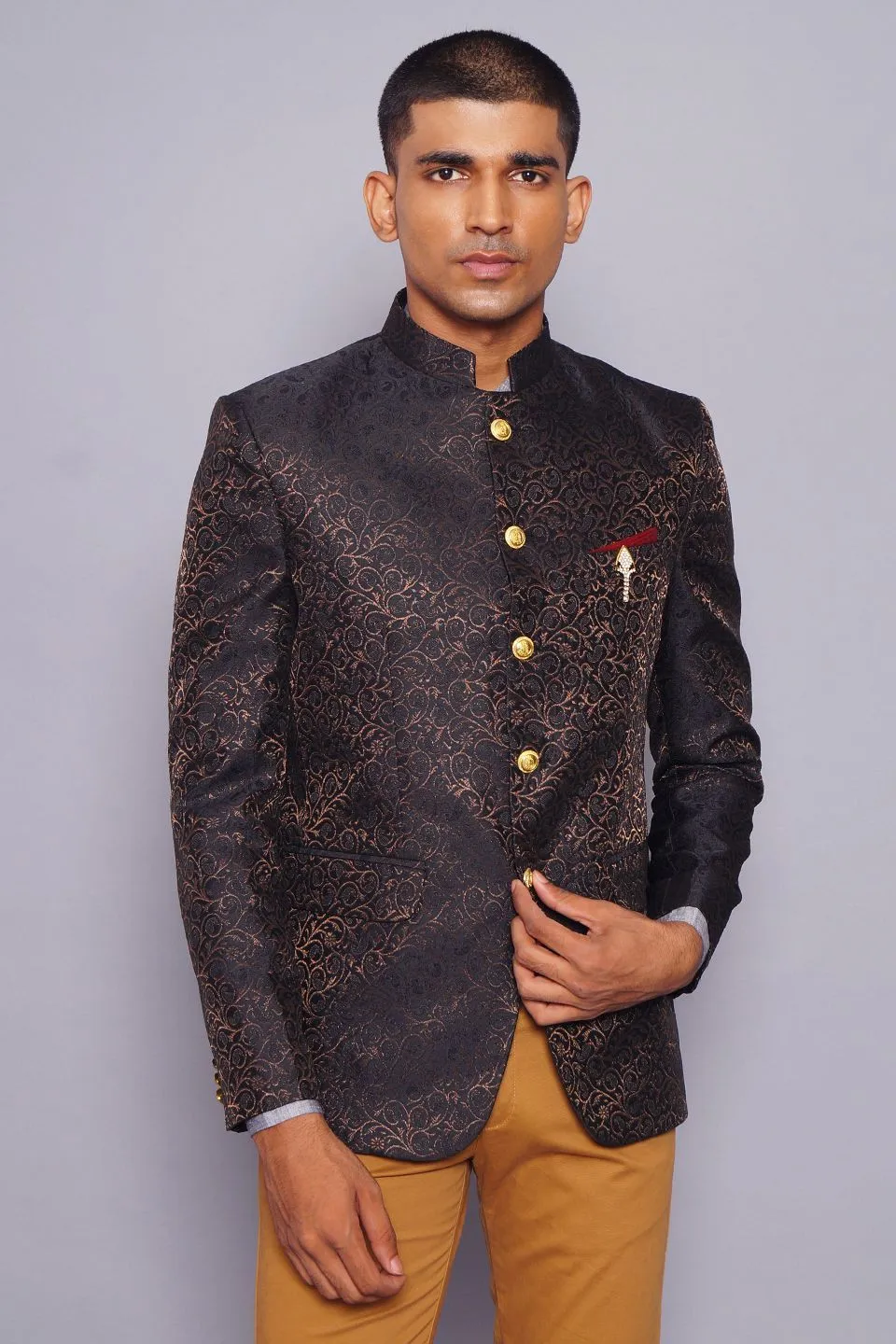 Banarasi Rayon Cotton Black Bandhgala Blazer