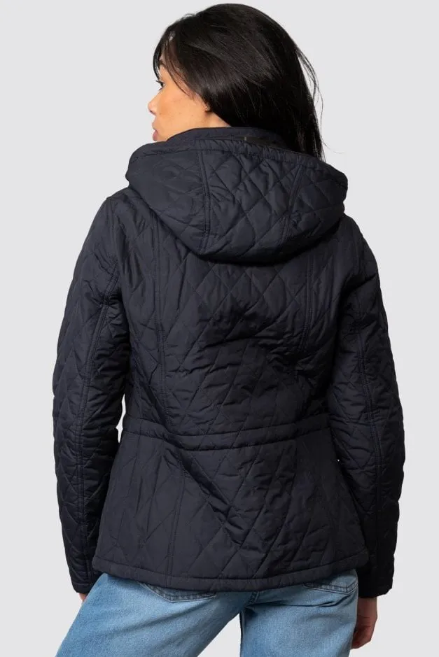 Barbour Millfire lady's quilted jacket with hood in Navy/Classic LQU0665NY94