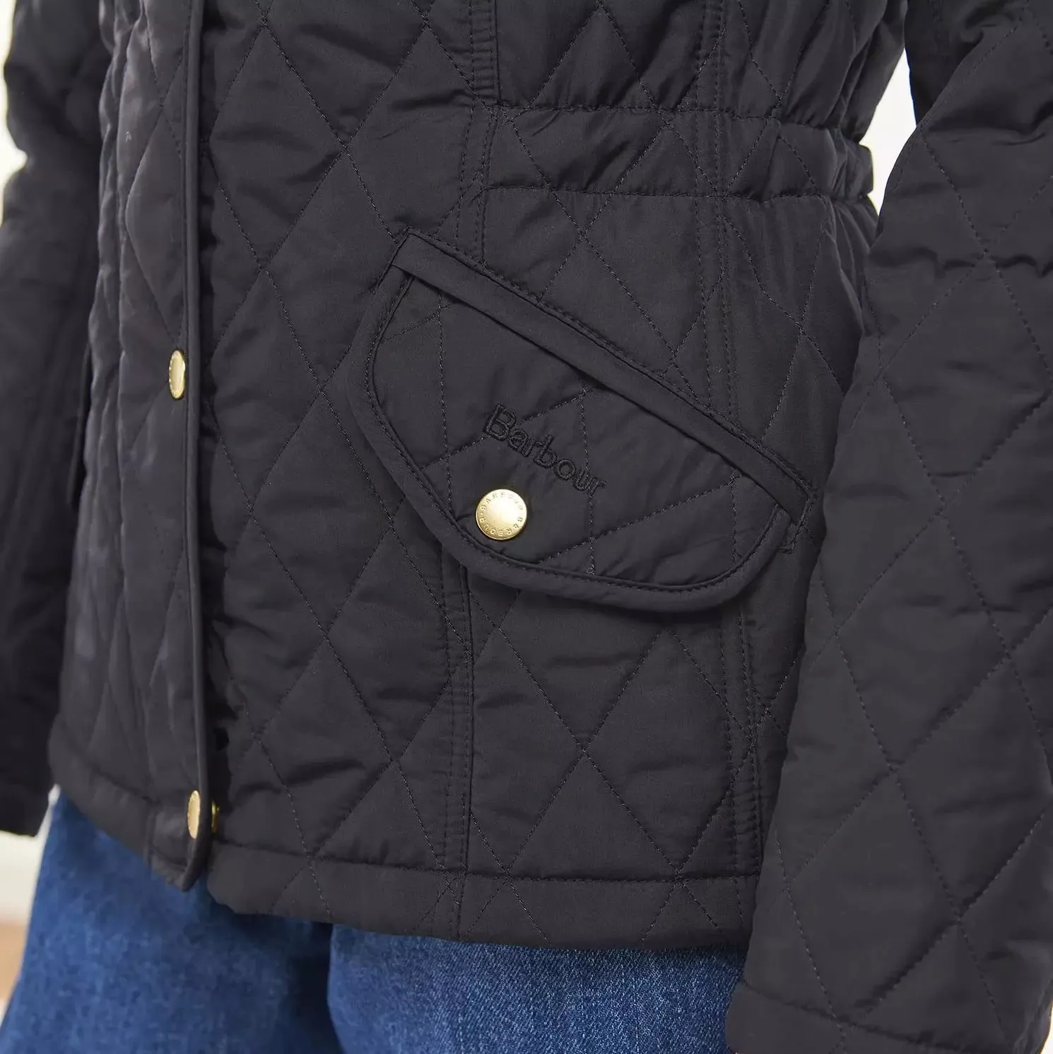 Barbour Millfire lady's quilted jacket with hood in Navy/Classic LQU0665NY94