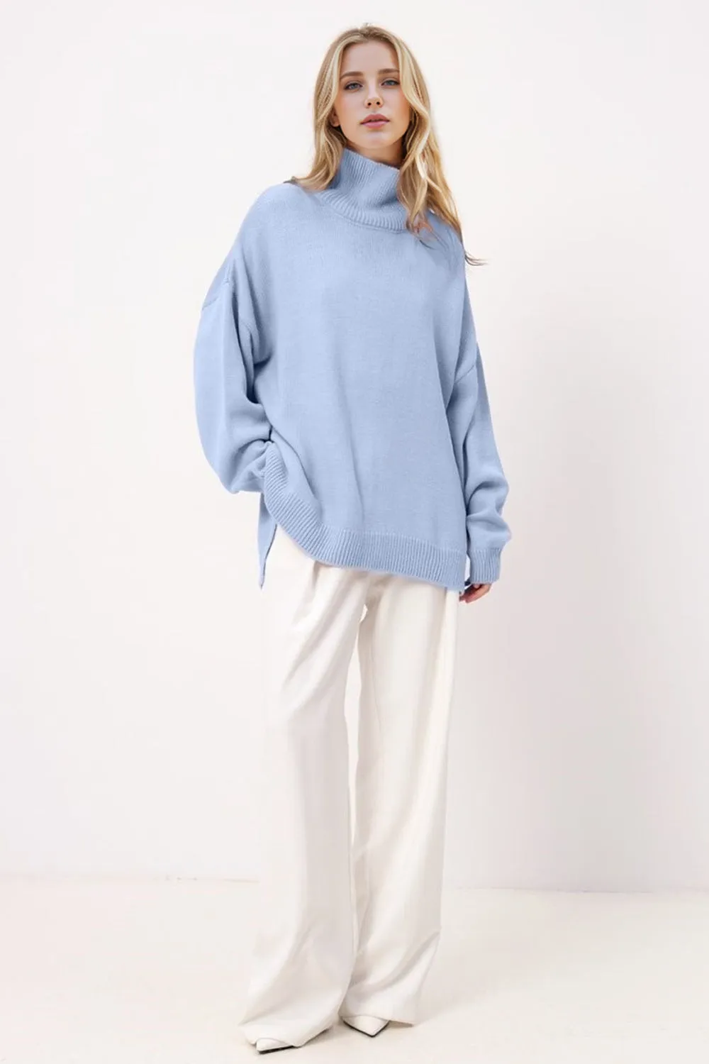 Basic Bae Side Slit Turtleneck Long Sleeve Sweater