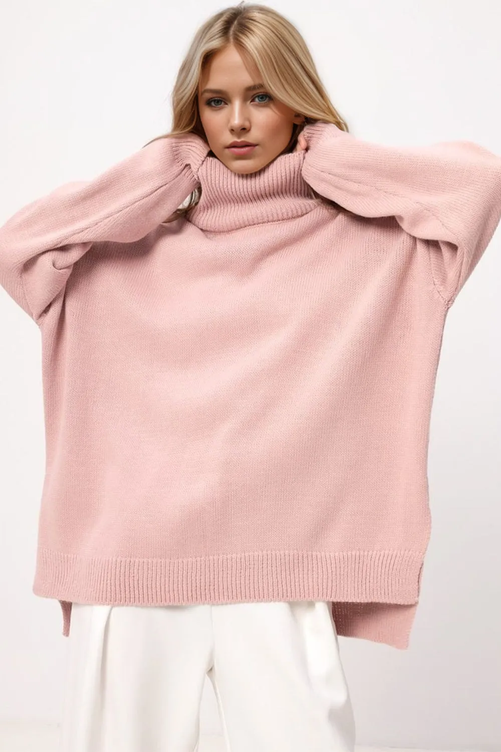 Basic Bae Side Slit Turtleneck Long Sleeve Sweater