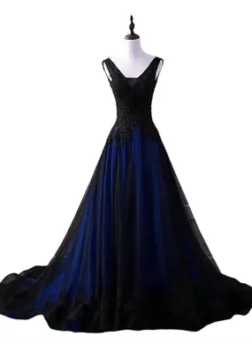 Black and Blue Lace Applique V-neclline Tulle Party Dress, A-line Tulle Long Prom Dress