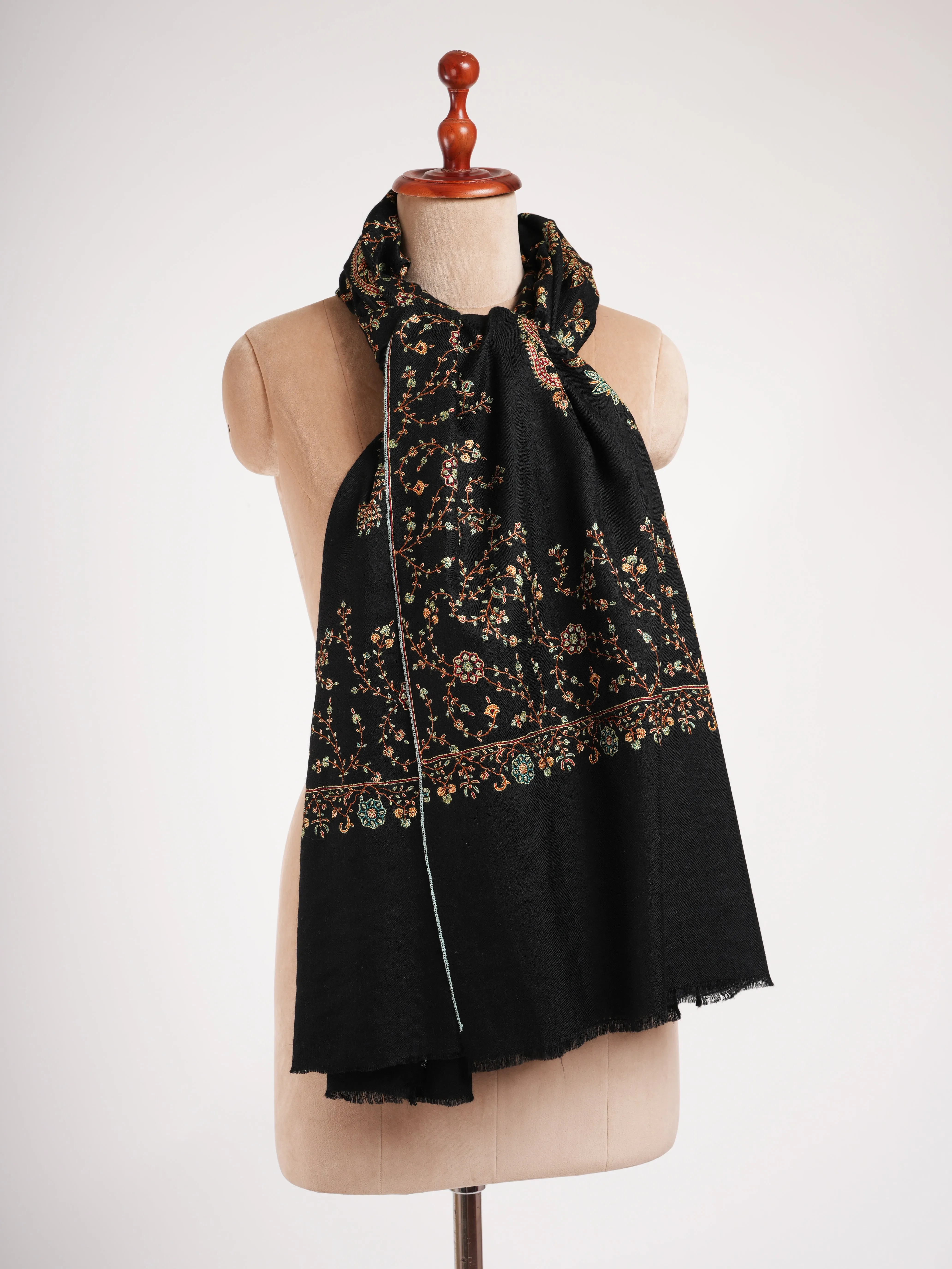 Black Pashmina Shawl with Fine Sozni Embroidery