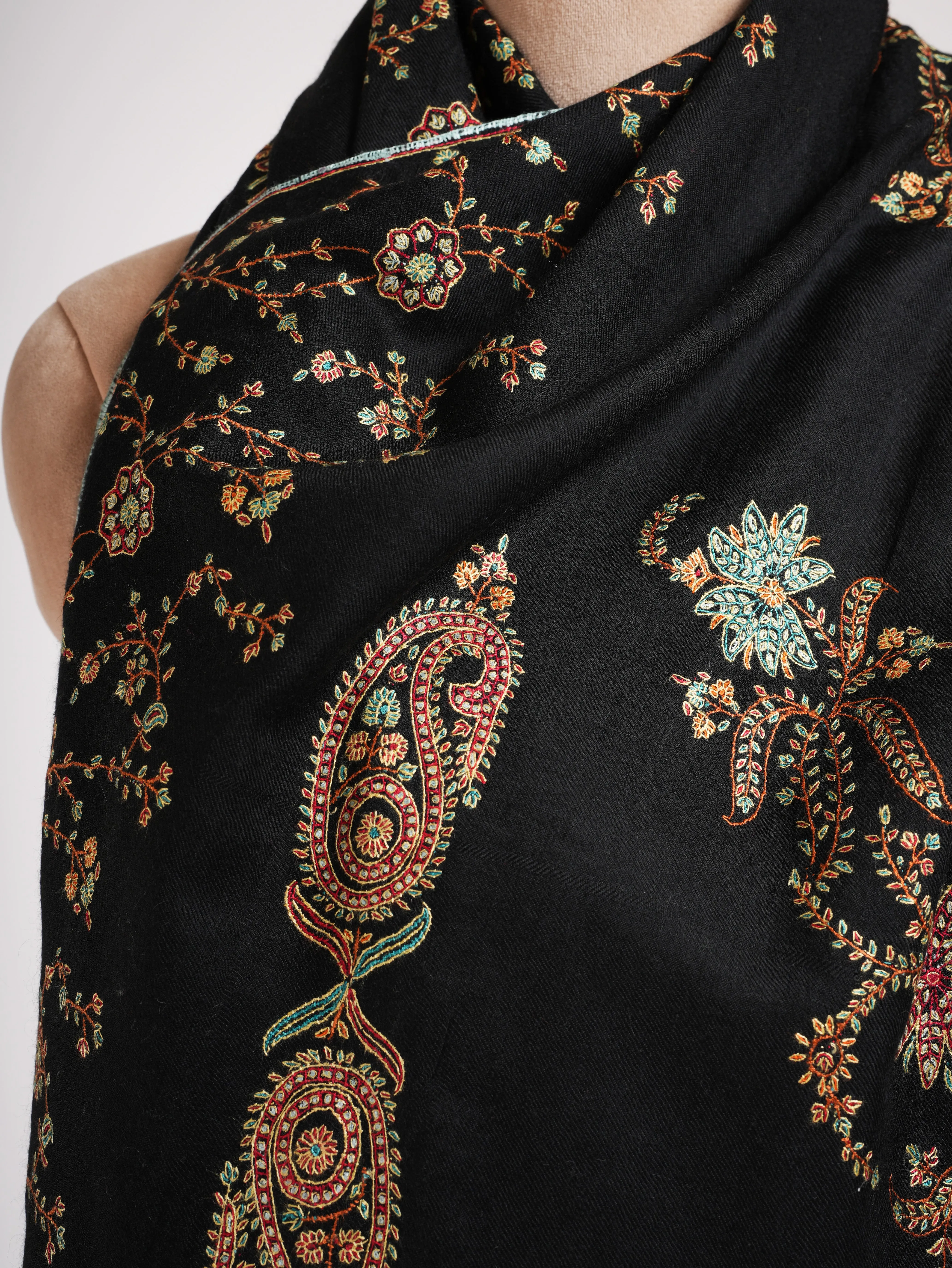 Black Pashmina Shawl with Fine Sozni Embroidery