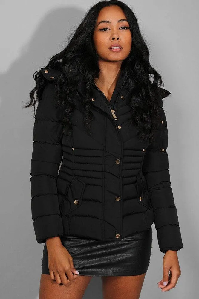 Black Quilted Detachable Faux Fur Hood And Sleeve Pocket Jacket