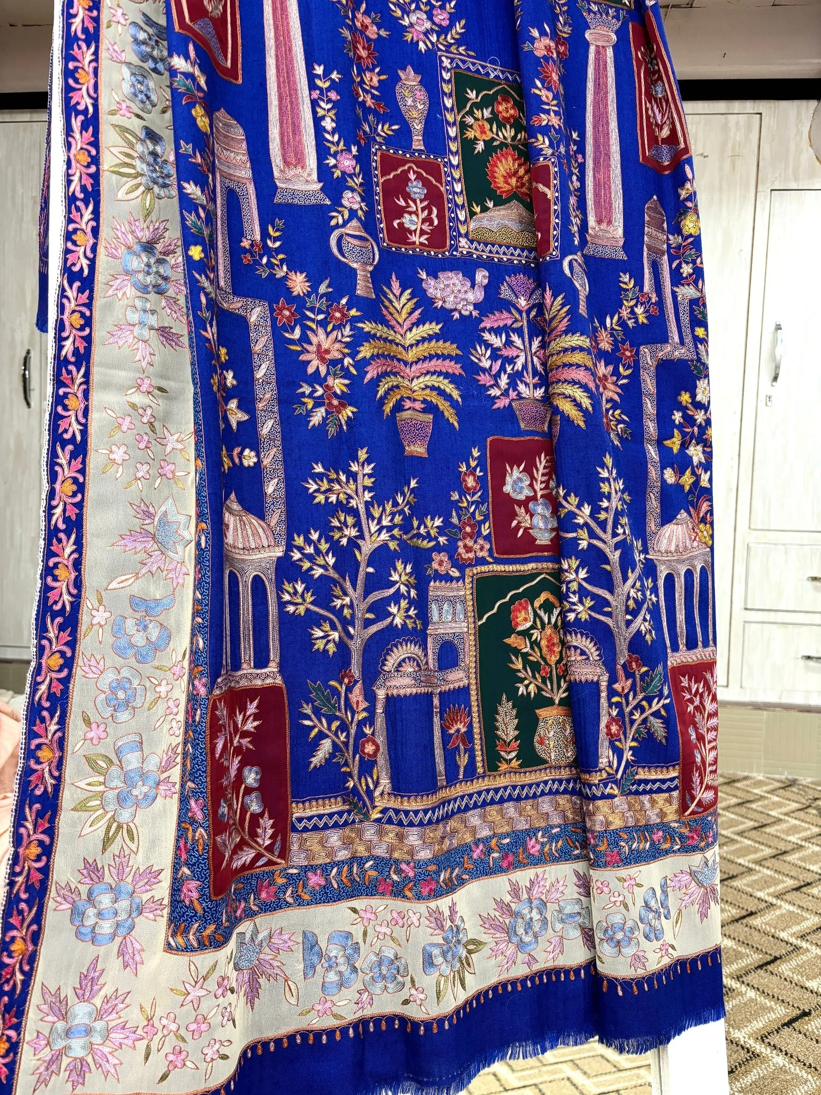 Blue Hand Embroidered Pashmina Shawl with Patch Work.