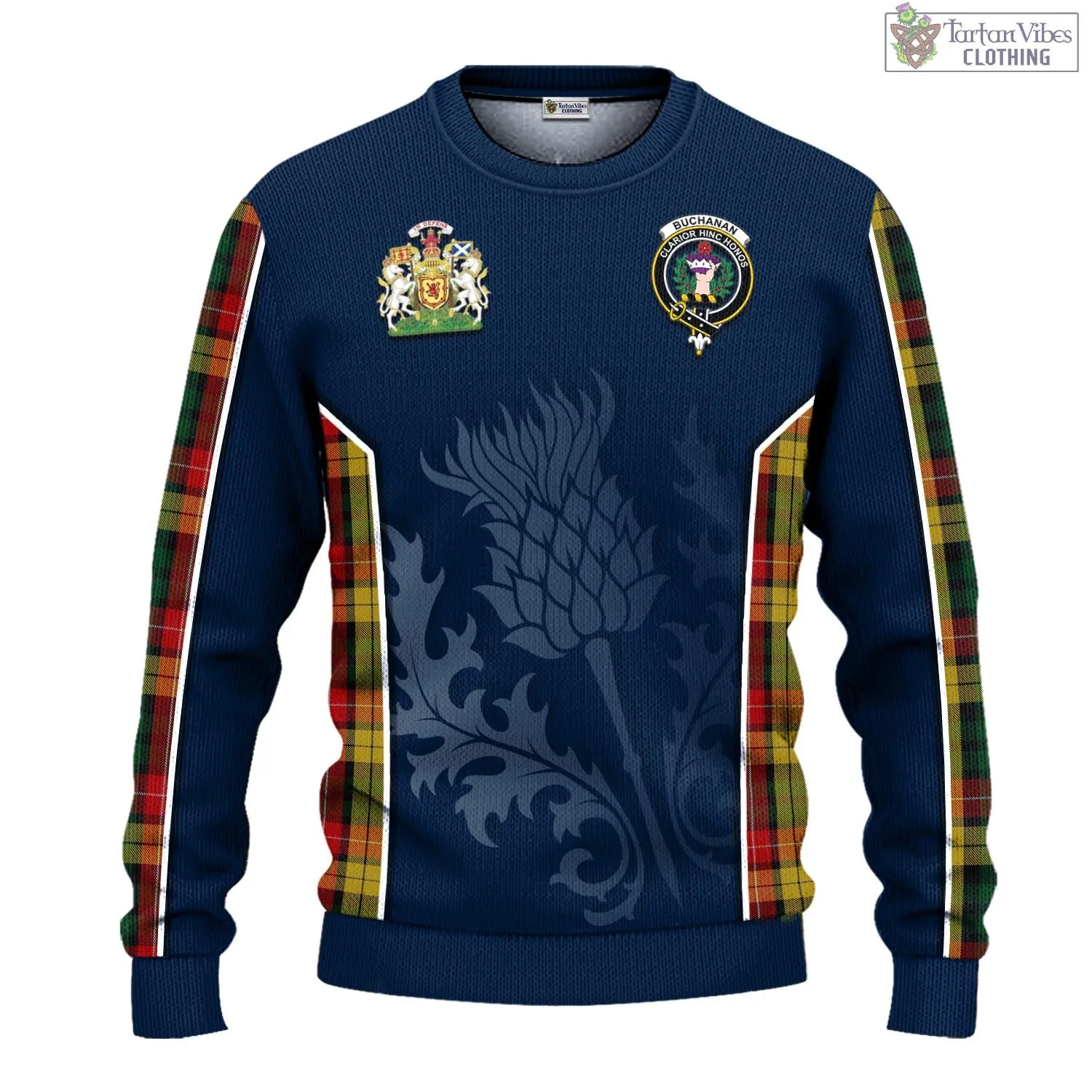 Buchanan Tartan Knitted Sweatshirt with Family Crest and Scottish Thistle Vibes Sport Style