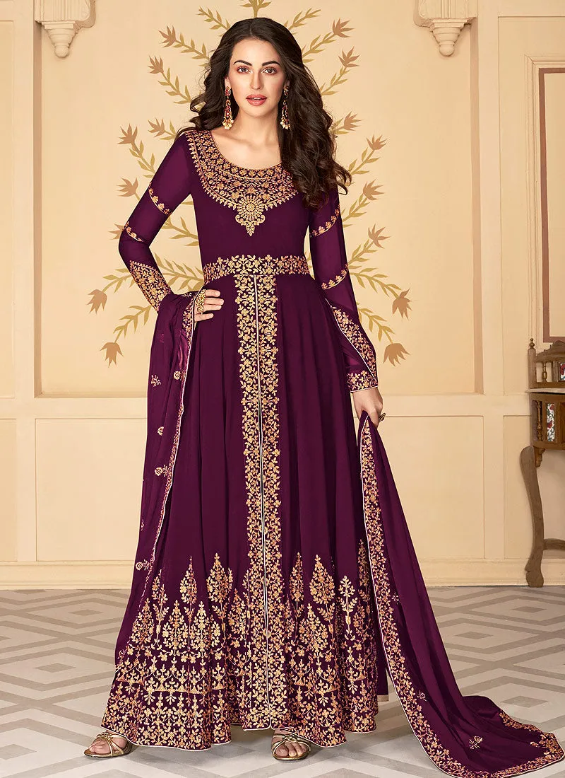 Burgundy Slit Style Zari Embroidered Anarkali Pants Suit