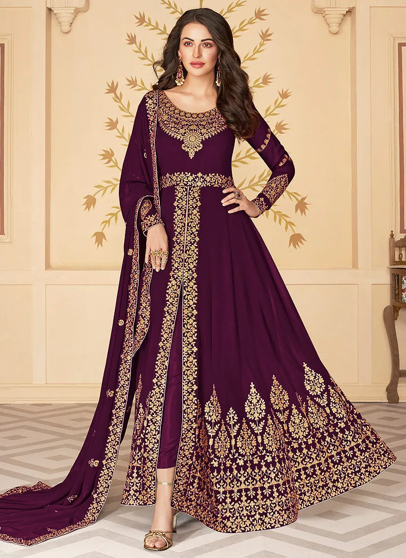 Burgundy Slit Style Zari Embroidered Anarkali Pants Suit