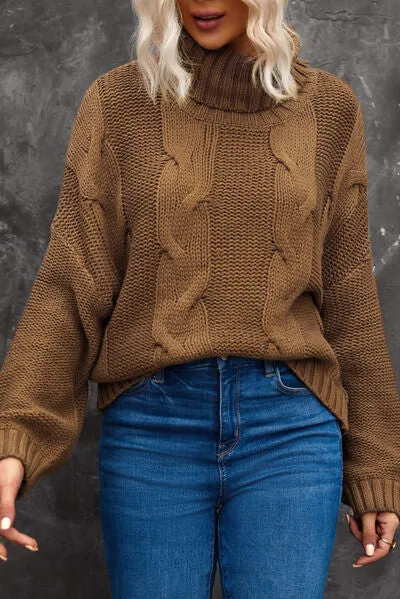 Cable-Knit Turtleneck Dropped Shoulder Sweater