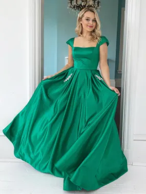 Cap Sleeves Green Satin Long Prom with Pocket, Green Formal Graduation Evening