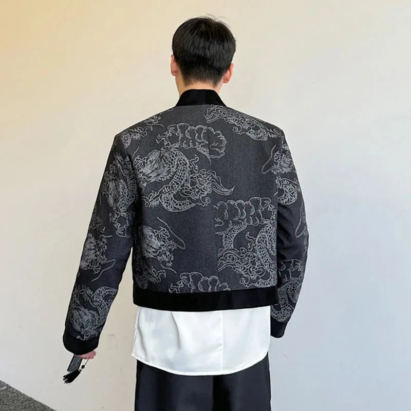 Chinese Style Men's Short Denim Jacket Jacquard Mosaic Dragon Pattern Lace-up Male Long Sleeve Vintage Menwear 9C6958