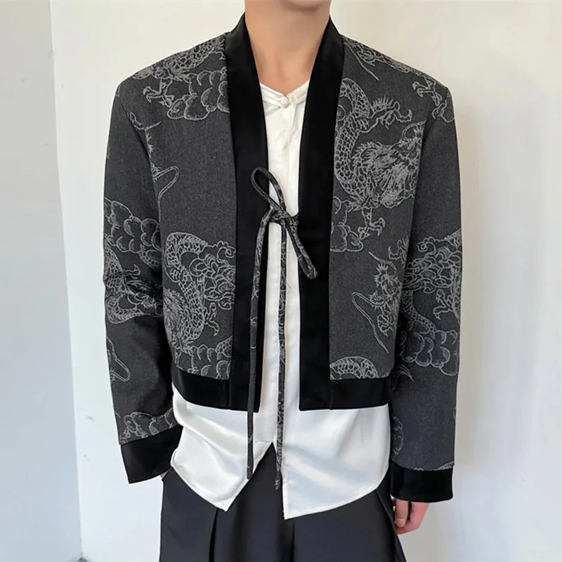 Chinese Style Men's Short Denim Jacket Jacquard Mosaic Dragon Pattern Lace-up Male Long Sleeve Vintage Menwear 9C6958