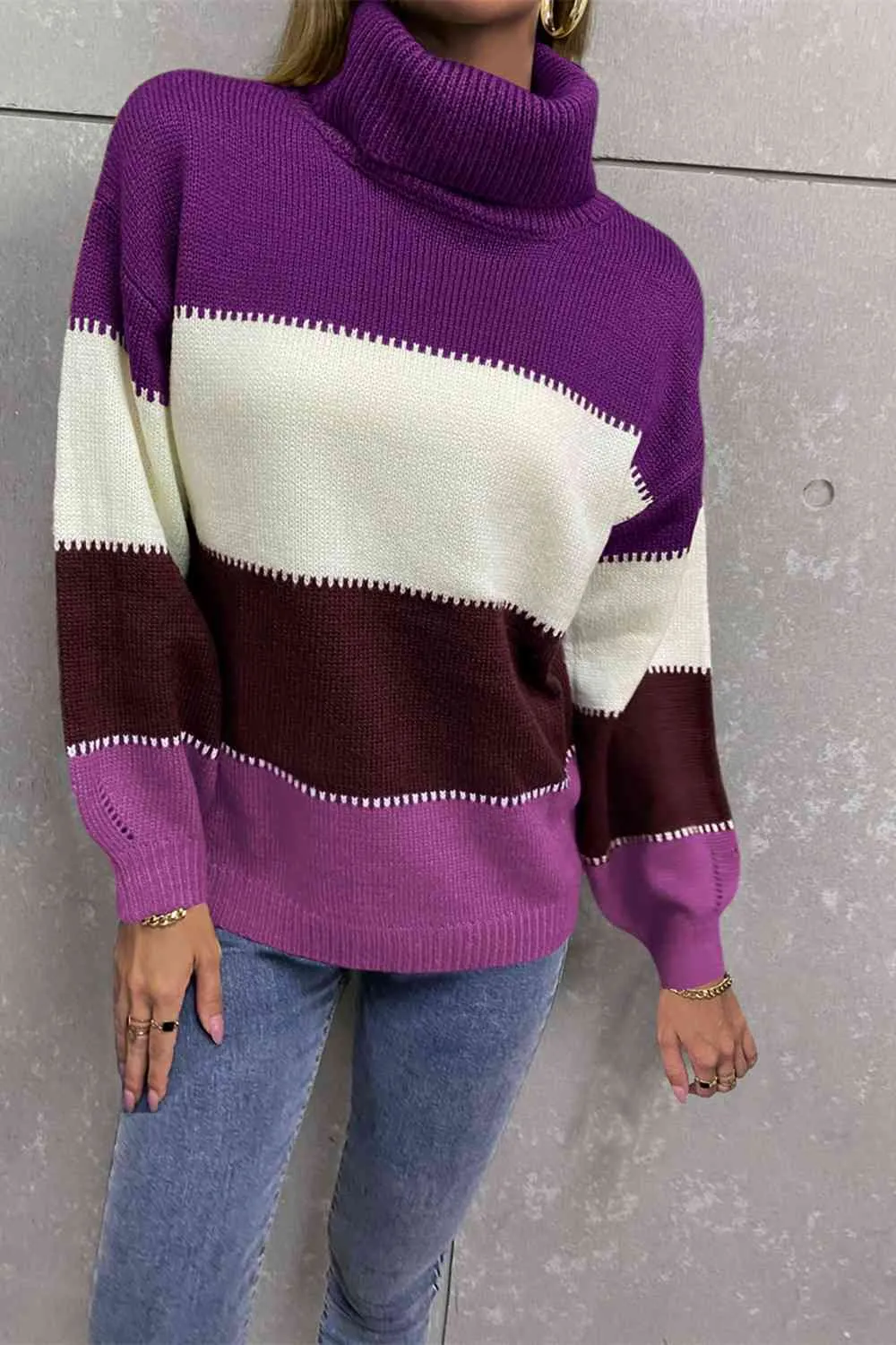 Color Block Lantern Sleeve Turtleneck Sweater