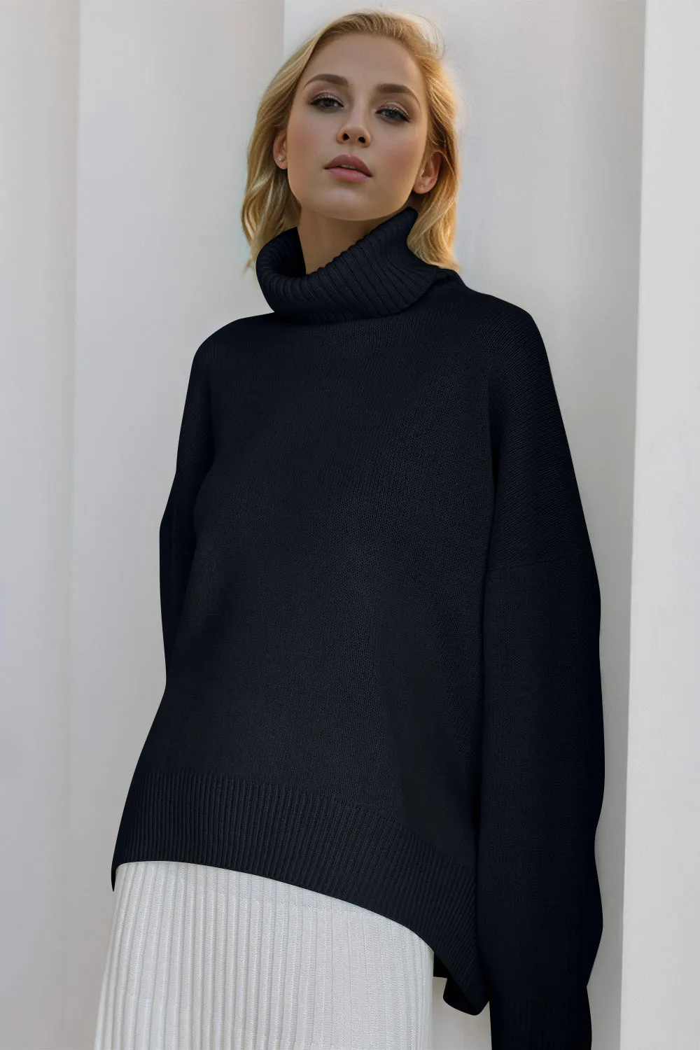 Cozy Turtleneck Dropped Shoulder Long Sleeve Sweater