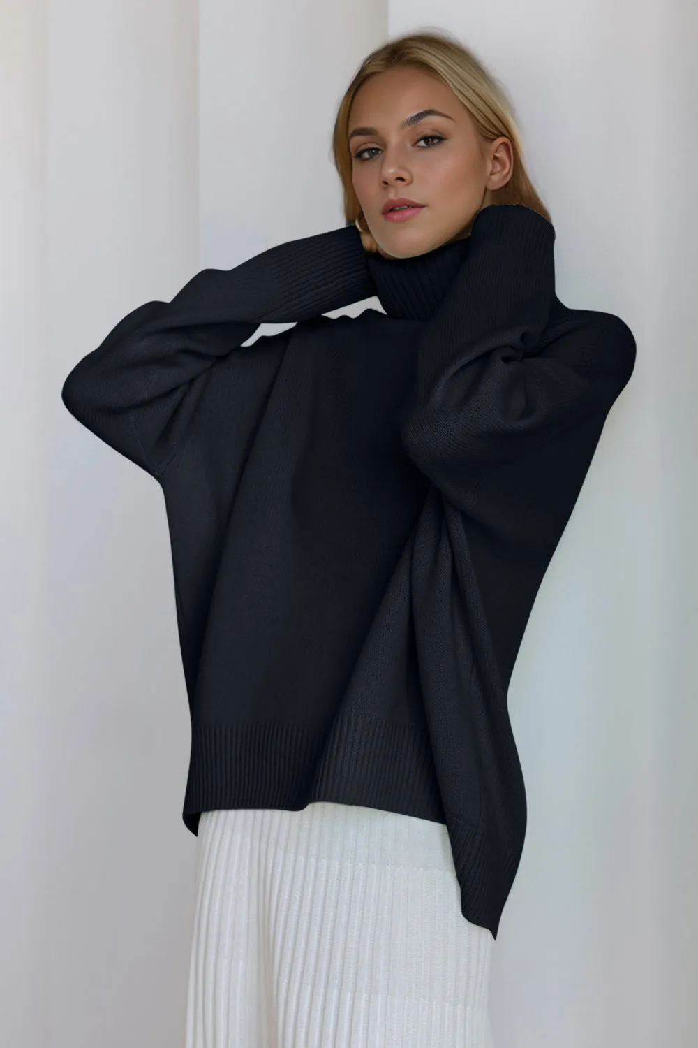 Cozy Turtleneck Dropped Shoulder Long Sleeve Sweater