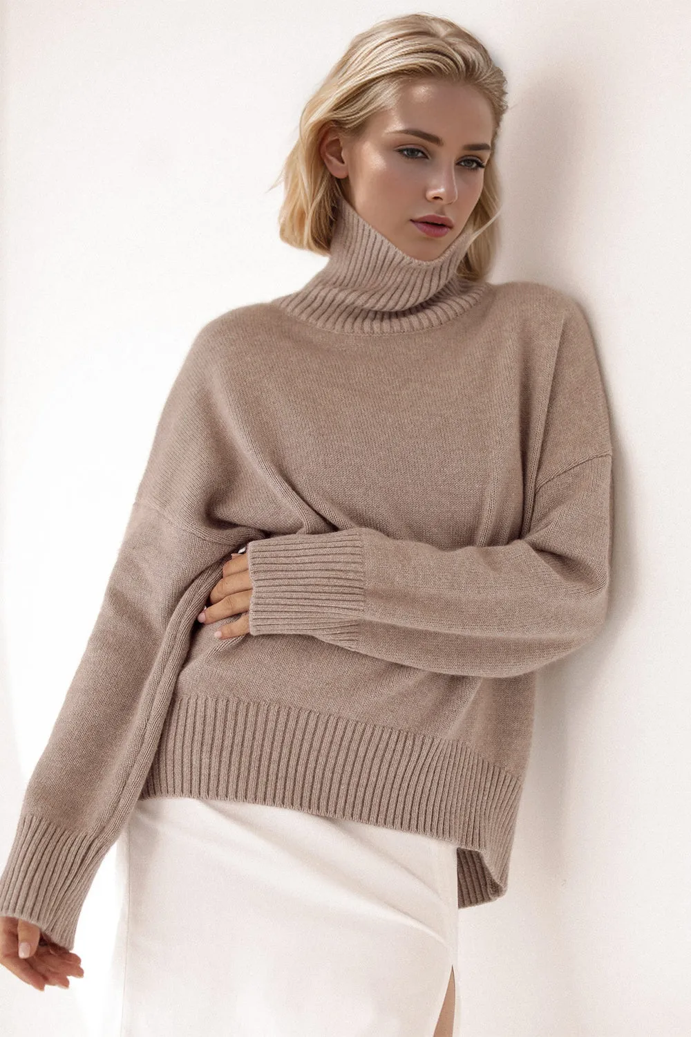 Cozy Turtleneck Dropped Shoulder Long Sleeve Sweater