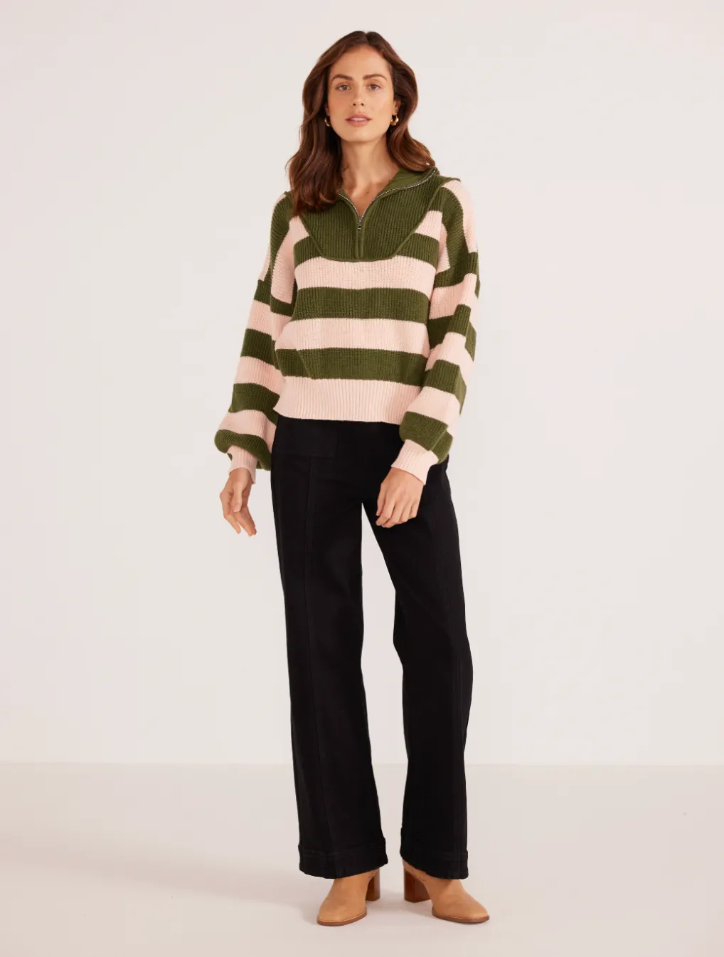 Darcy 1/4 Zip Knit Sweater - Khaki Stripe