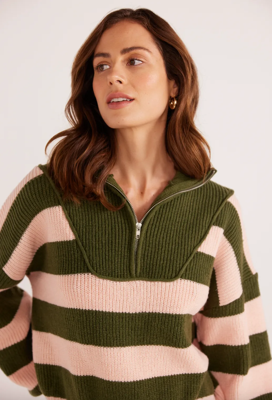 Darcy 1/4 Zip Knit Sweater - Khaki Stripe