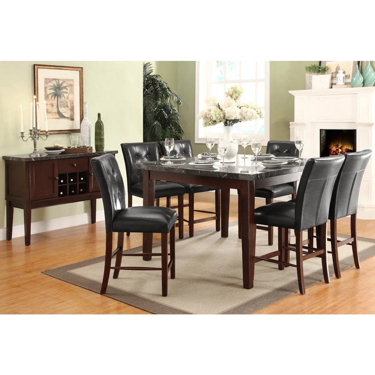 Dark Cherry Counter Height Table with Black Marble Top - Seats 6