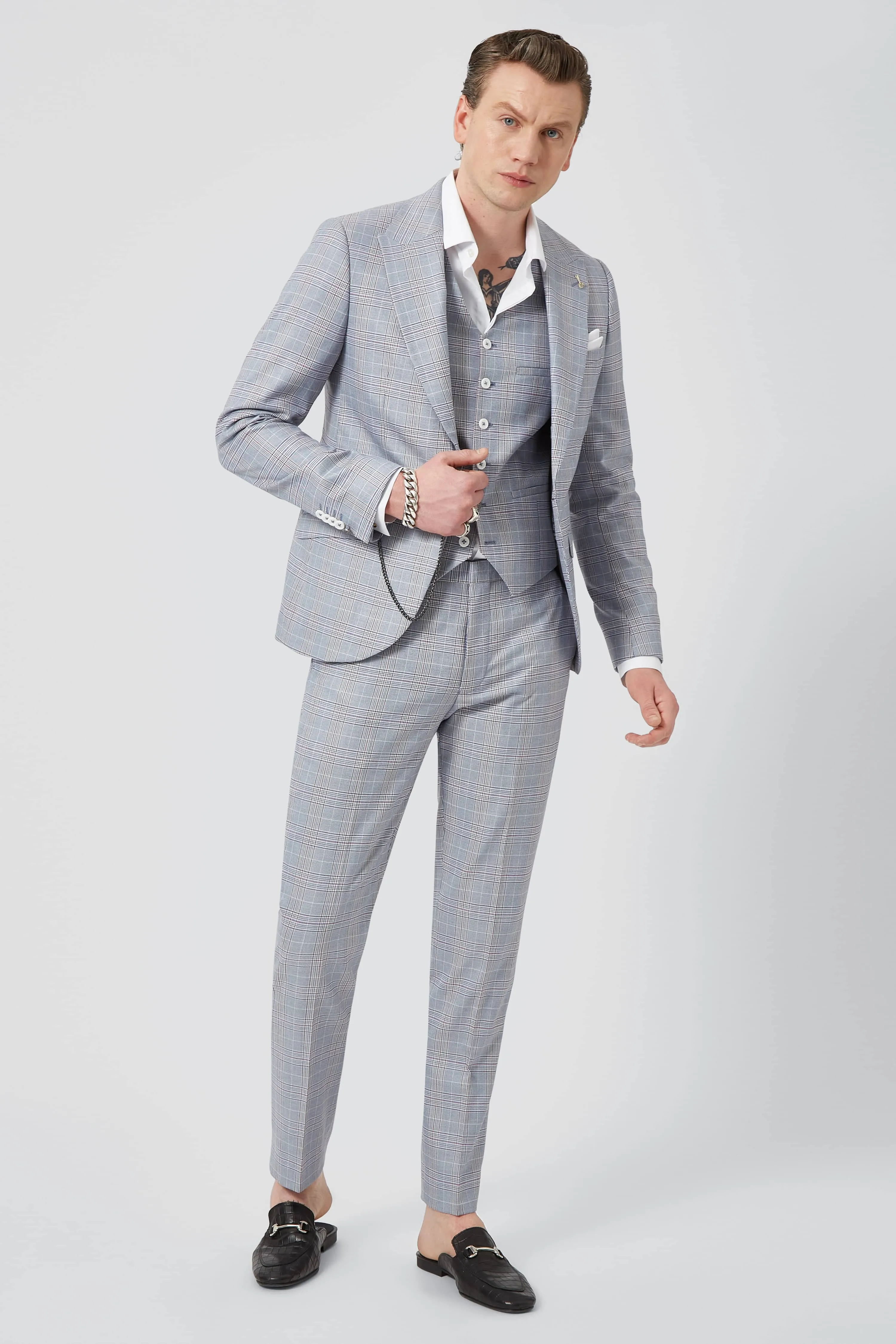 Earlswood Slim Fit Blue Check Trousers - ARCHIVE